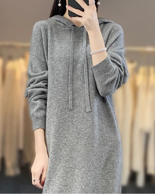 Drawstring Hooded Wool Dress