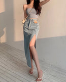 Women's side-slit denim pencil skirt featuring breathable cotton denim, a high waist, and a vintage silhouette for summer casual wear and city commutes.