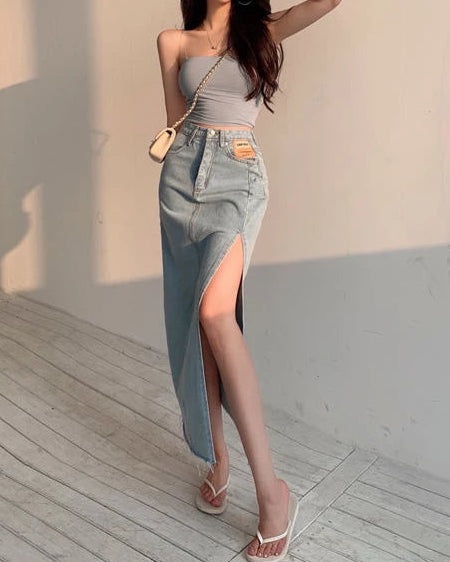 Side-Slit Denim Pencil Skirt