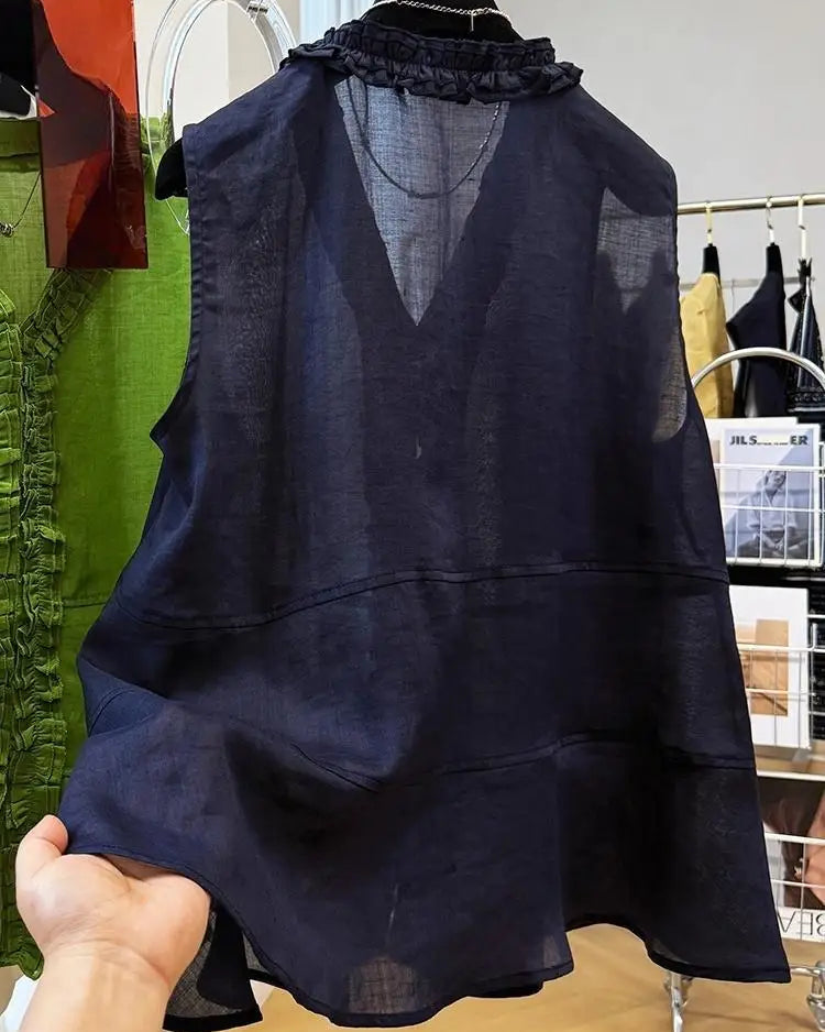 Ruffle Trim V-Neck Woven Blouse