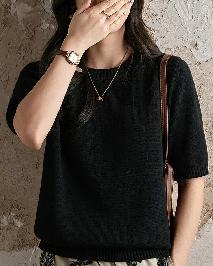 Pure Cotton Crew-Neck Short-Sleeve Knit Top
