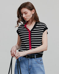 Striped contrast knit sleeveless top with V-neck and single-button placket. High-stretch viscose blend, slim regular fit — polished office-casual style for summer.