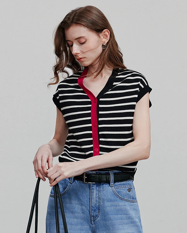 Striped contrast knit sleeveless top with V-neck and single-button placket. High-stretch viscose blend, slim regular fit — polished office-casual style for summer.
