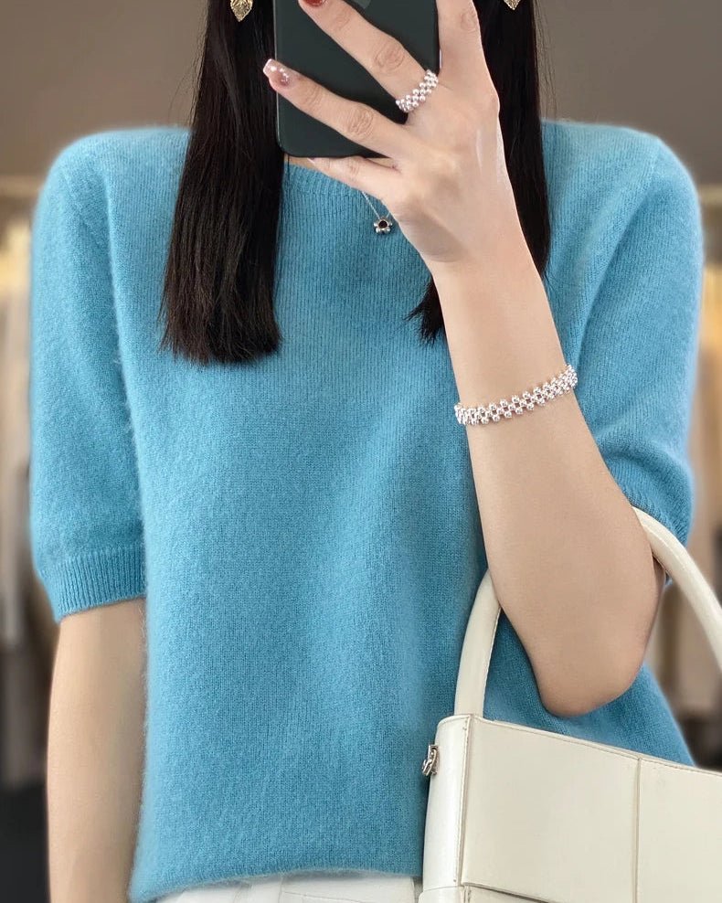 Wool Crew Neck Short-Sleeved Knit Sweater