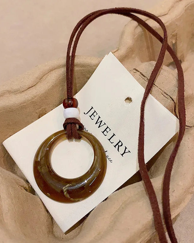Vintage Resin Circle Pendant Rope Necklace