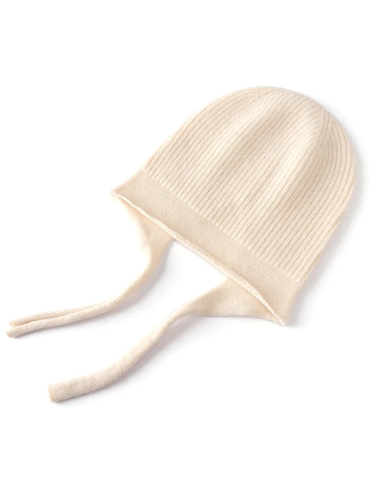Merino Wool Striped Drawstring Pullover Ski Ear-Flap Hat