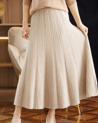 Merino Wool Solid Pleated Ankle-Length Knit Skirt
