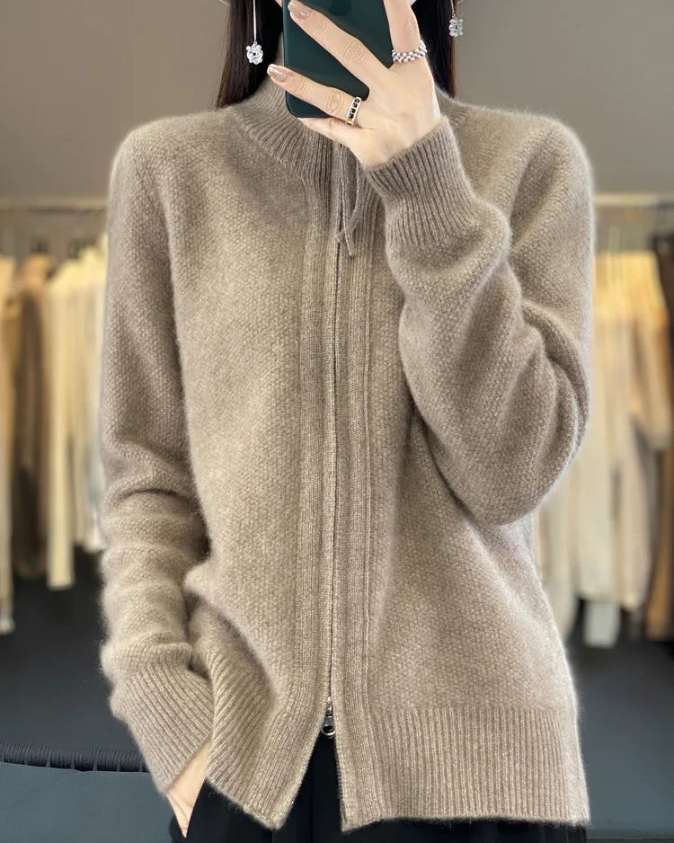 Merino wool blend turndown collar double zip tassel open cardigan jacket. Extra-heavy, medium stretch — a thick, soft, elegant autumn winter knitwear coat for women.