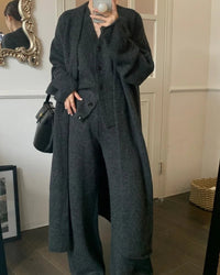 V-Neck Knit Coat + Vest + Wide-Leg Trouser 3-Piece Set