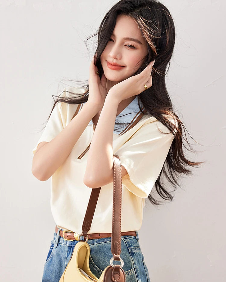Refined Turn-Down Collar Short Sleeve Tee