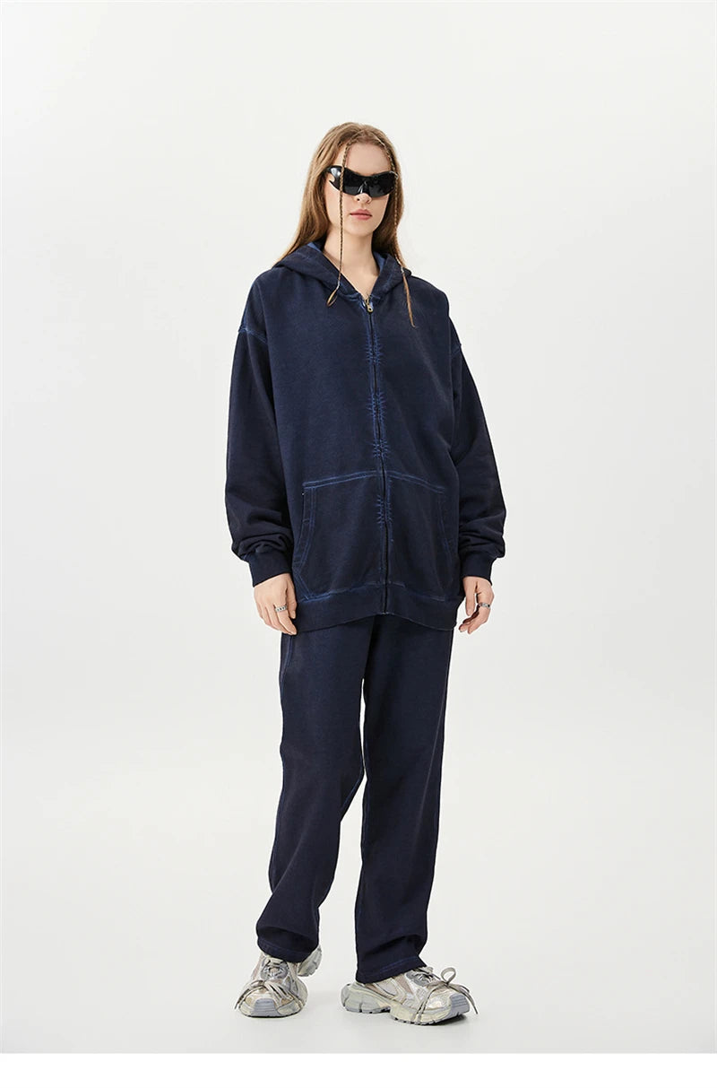Zipper Washed Distressed Oversized Cotton Hoodies