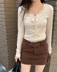 Bow Patchwork Long-Sleeve Top