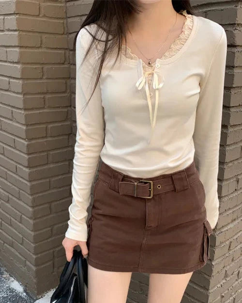 Bow Patchwork Long-Sleeve Top
