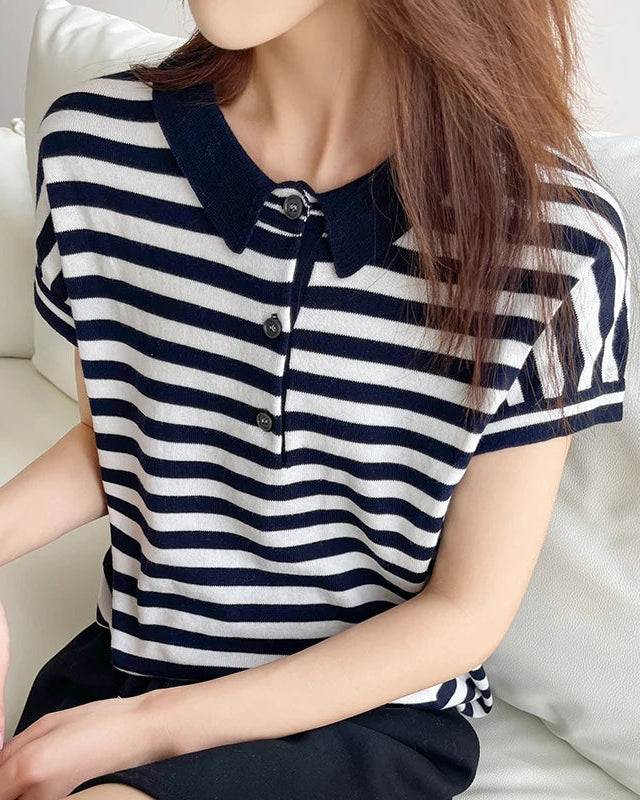 Striped Cotton Polo Collar Knit Tee