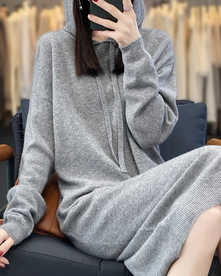 Merino Wool Hooded Midi Knit Dress
