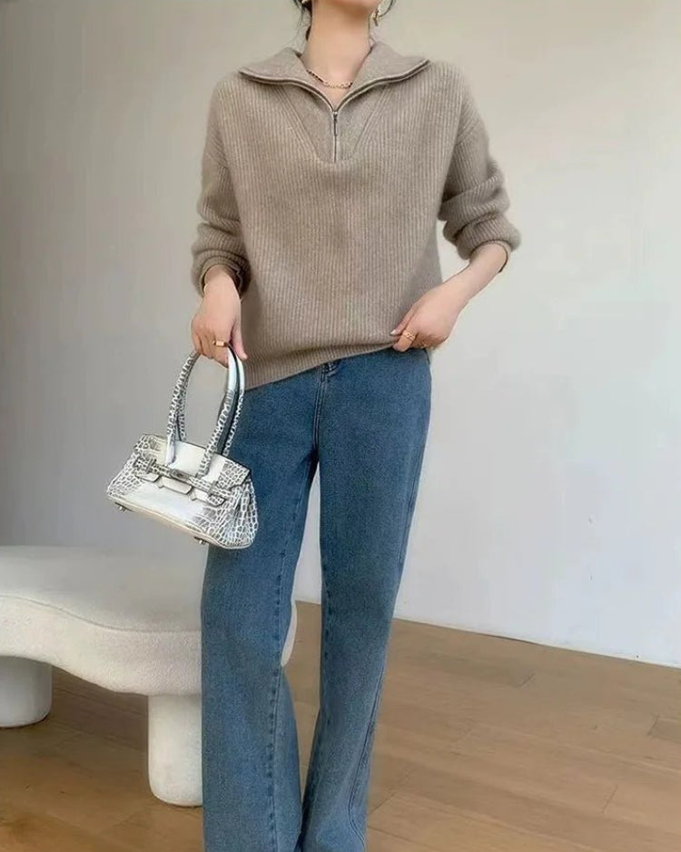 Gentle Herd Lapel Zipper Cashmere Pullover