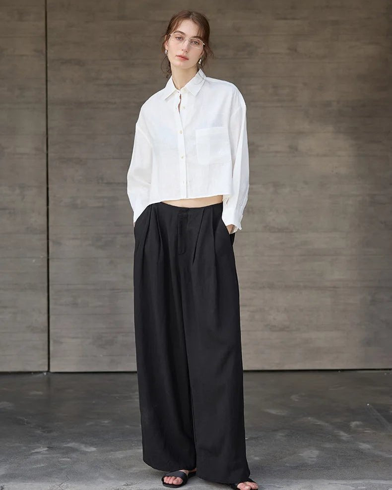 Linen Long-Sleeved Short Loose-Fitting Shirt