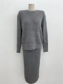 Ribbed Knited Round-Neck Sweater & Midi Skirt Set