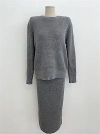 Ribbed Knited Round-Neck Sweater & Midi Skirt Set