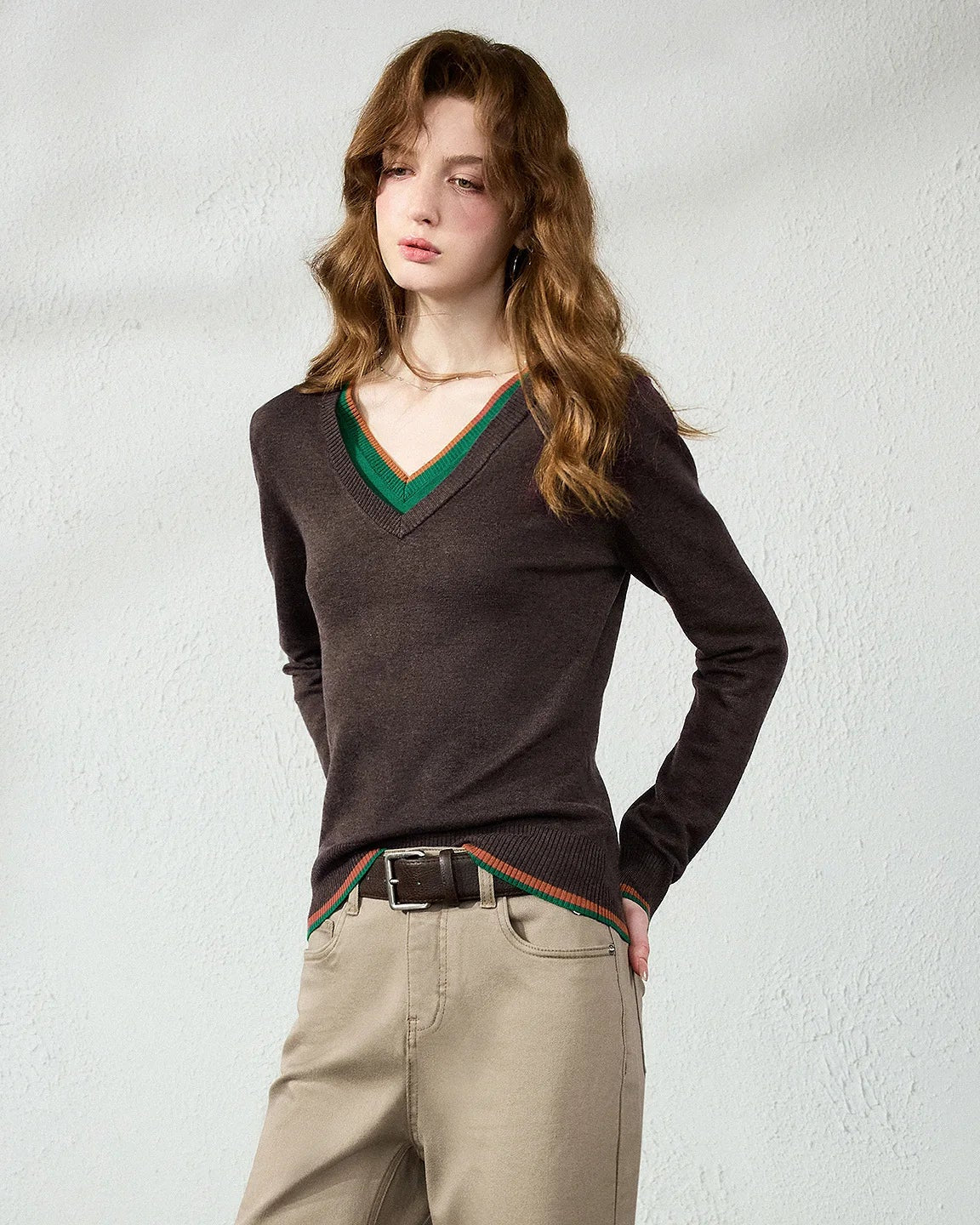 Slim-Fit Double-Layer Wool Blend V-Neck Sweater