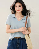Ribbed Polo Collar Knit Short Sleeve Top