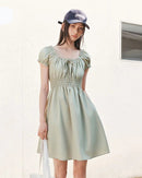 Square Neckline Bow-Trimmed Lace Mini Dress