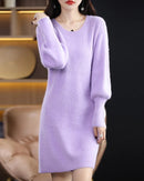 Mink Cashmere O-Neck Lantern Sleeve Striped Pullover Sweater Dress