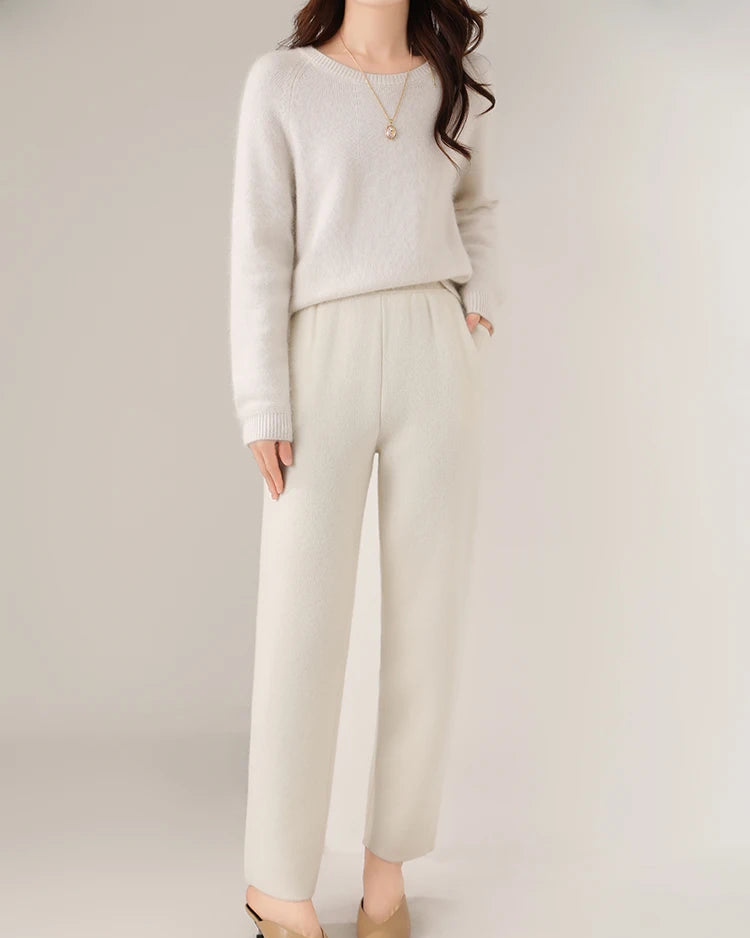 Merino Wool Solid High Waist Knit Pencil Trousers