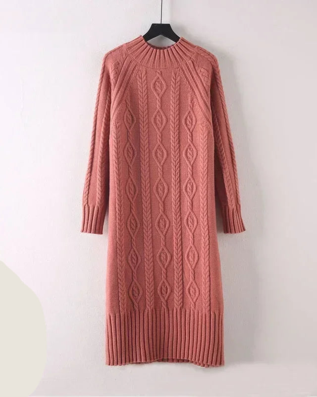 Thicken Mock-Neck Ribbed Knit Midi Sweater Dress