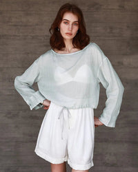 Ramie Crew Neck Long Sleeve Drawstring T-Shirt