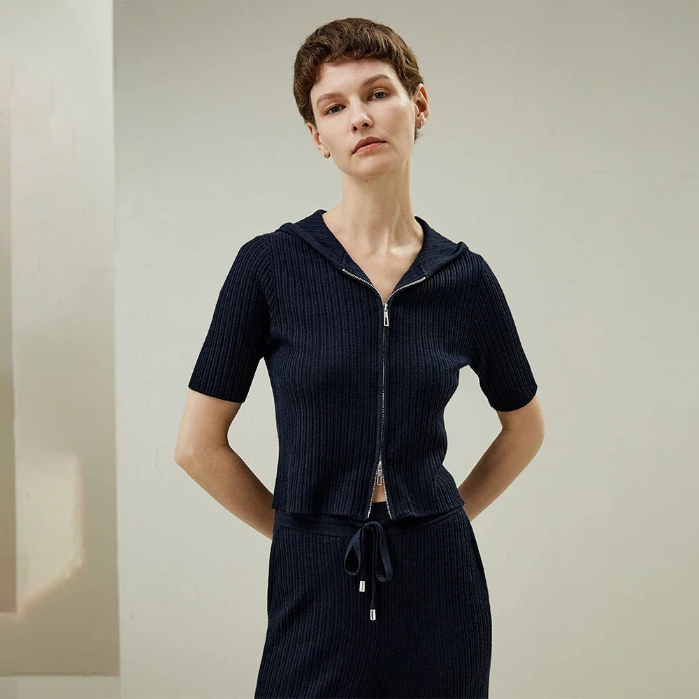 Silk-Wool Knit Zipper-Up Short Sleeve Hoodie Sweatshirt