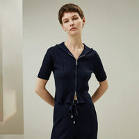 Silk-Wool Knit Zipper-Up Short Sleeve Hoodie Sweatshirt