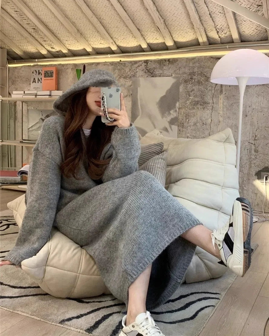 Cashmere Hooded Knit Midi Sweater Dress