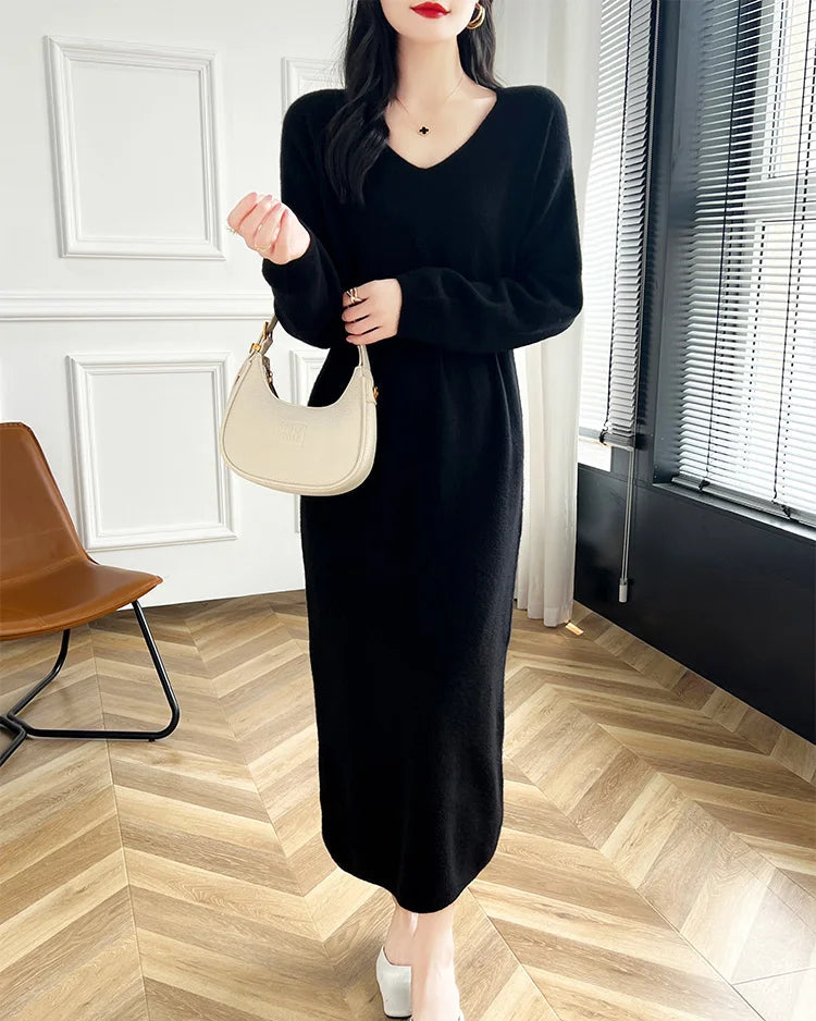 Wool V-Neck Long Sweater Dress