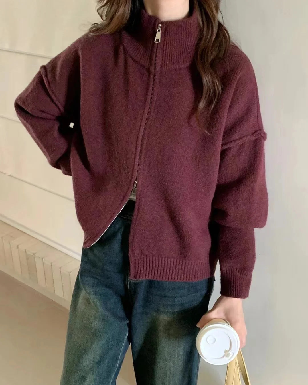 Oversized Knit Zip Cardigan Stand Collar