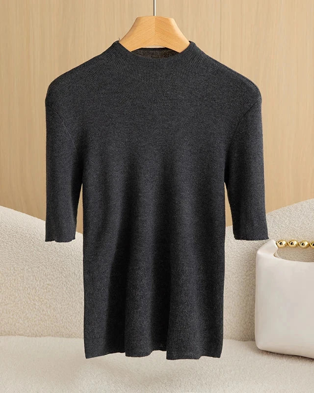 Wool Mock Neck Half Sleeve Top