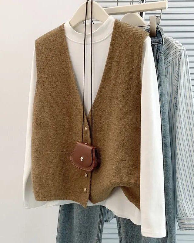 V Neck Button Knit Sleeveless Vest