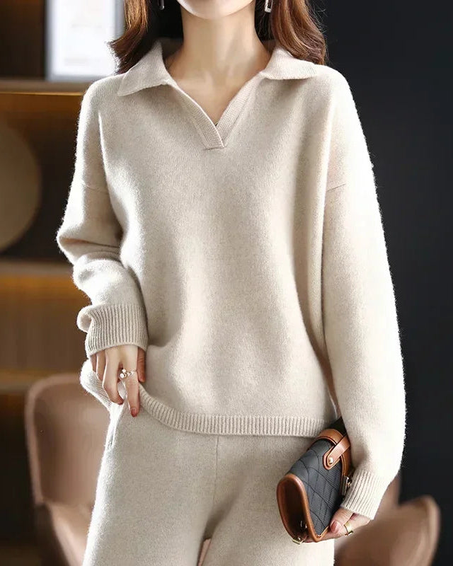 Wool Cashmere Lapel Sweater & High-Waist Pencil Trousers Set