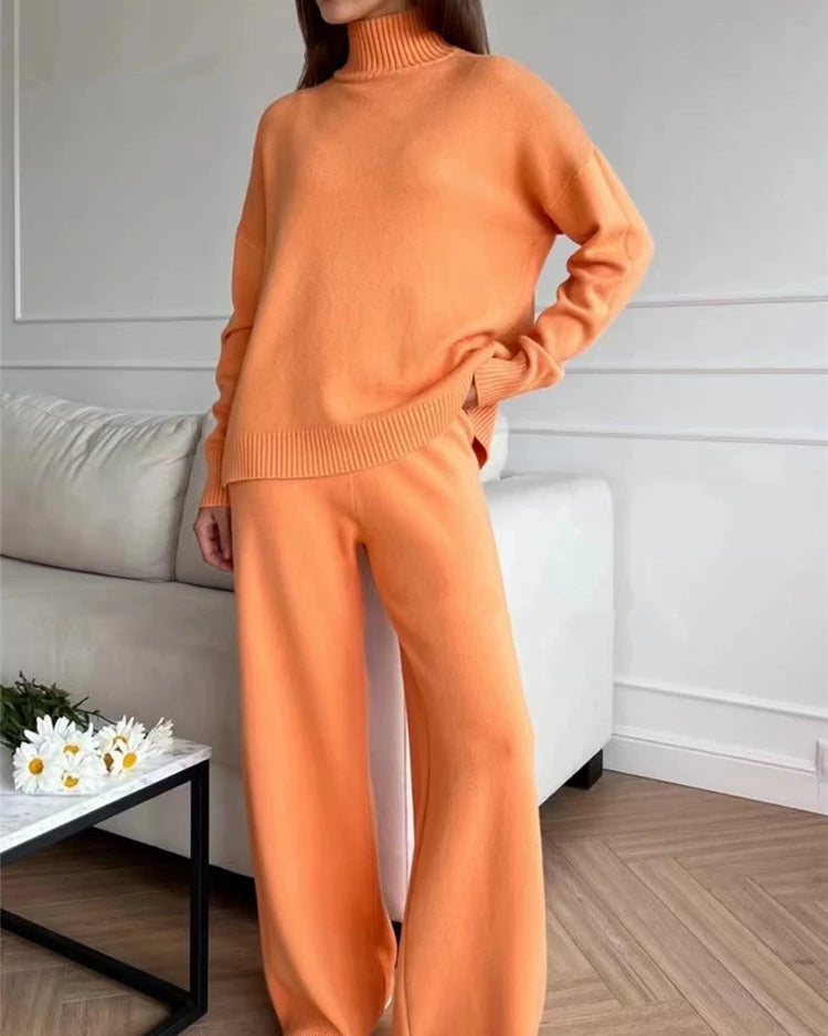 Half-Turtleneck Knit Sweater & High Waist Wide-Leg Trouser 2-Piece Set