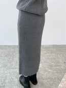 Ribbed Knited Round-Neck Sweater & Midi Skirt Set