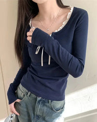 Bow Patchwork Long-Sleeve Top