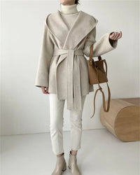 Hooded Wool Blend Wrap Coat