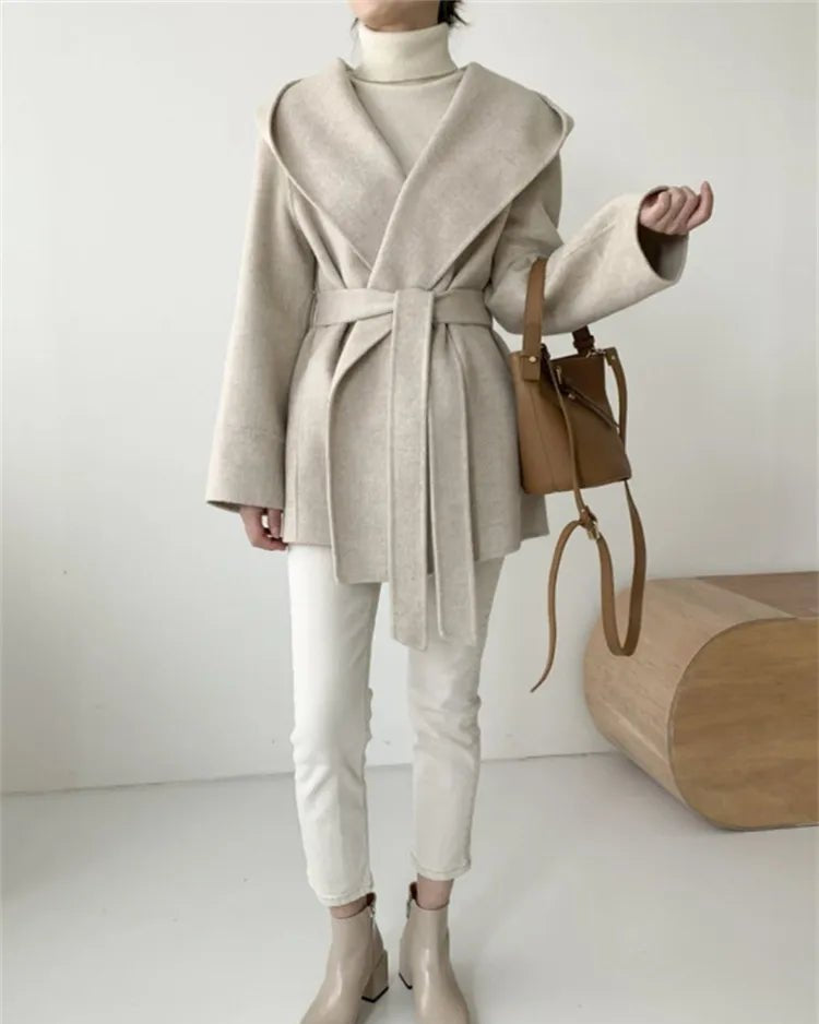 Hooded Wool Blend Wrap Coat