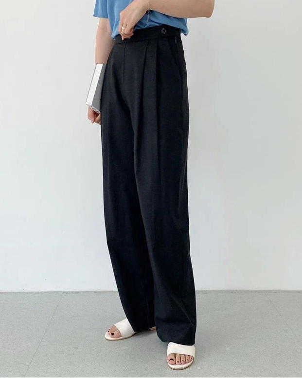 High-Waisted Cotton-Linen Straight Leg Pants