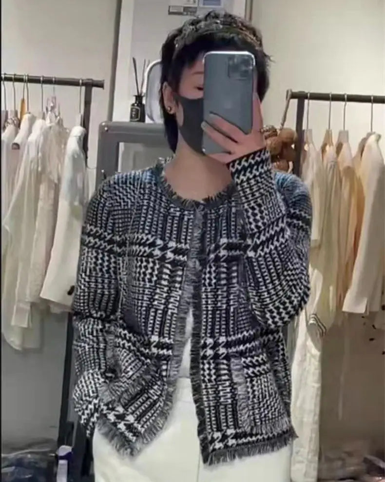 Houndstooth Fringe Cashmere Open Cardigan