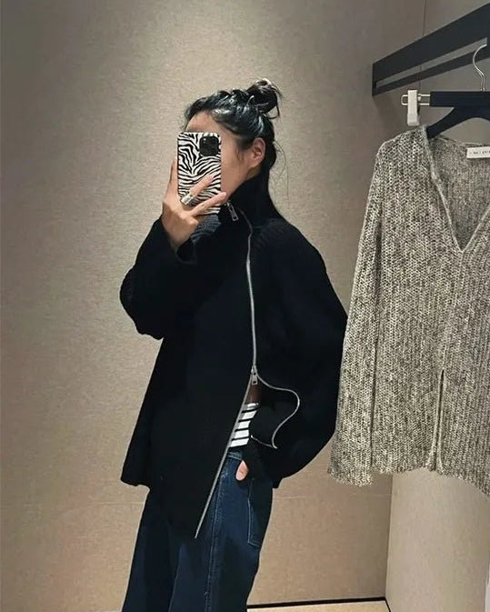 Oversized Irregular Zipper High Neck Cashmere Sweater