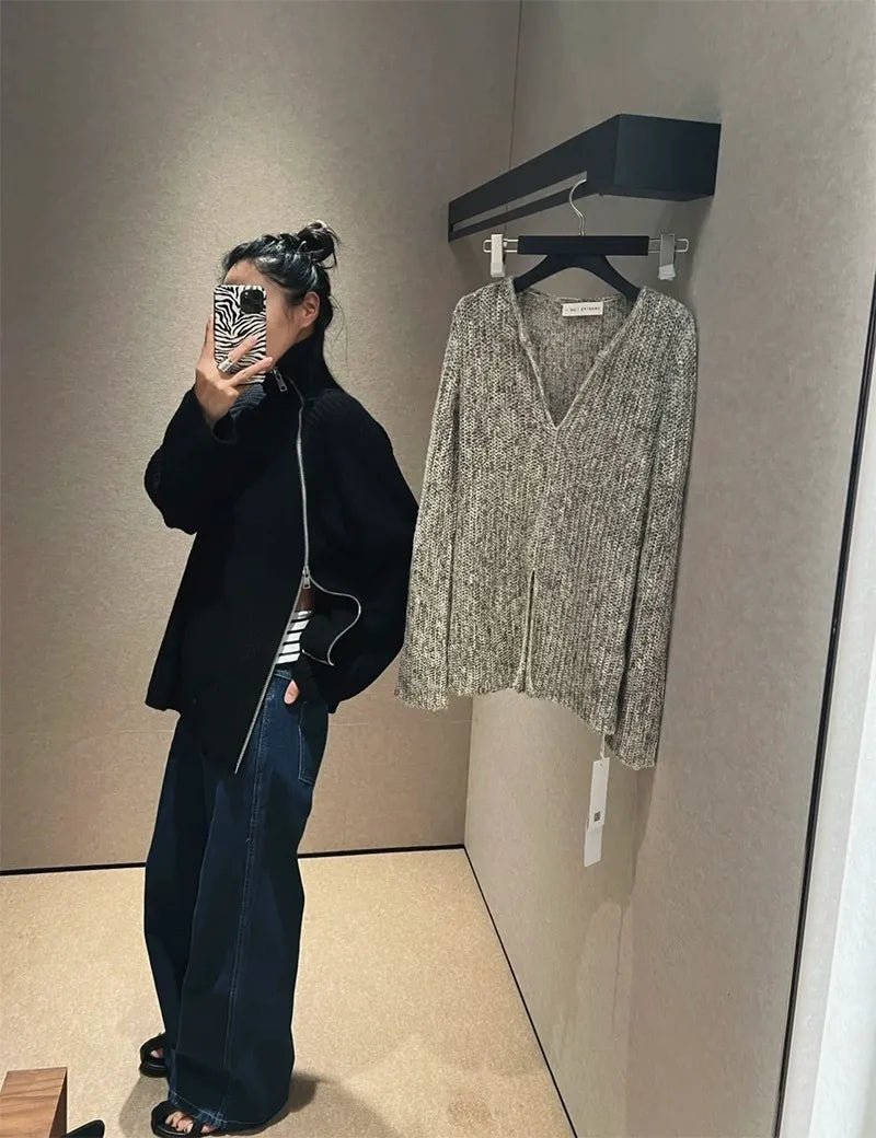 Oversized Irregular Zipper High Neck Cashmere Sweater