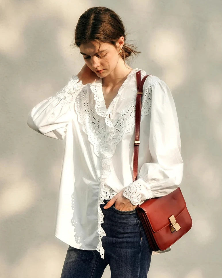 Ruffled Embroidered Hollow-Out Long-Sleeved Shirt