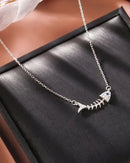 Silver Crystal Fish Bone Pendant Clavicle Necklace