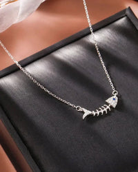 Silver Crystal Fish Bone Pendant Clavicle Necklace